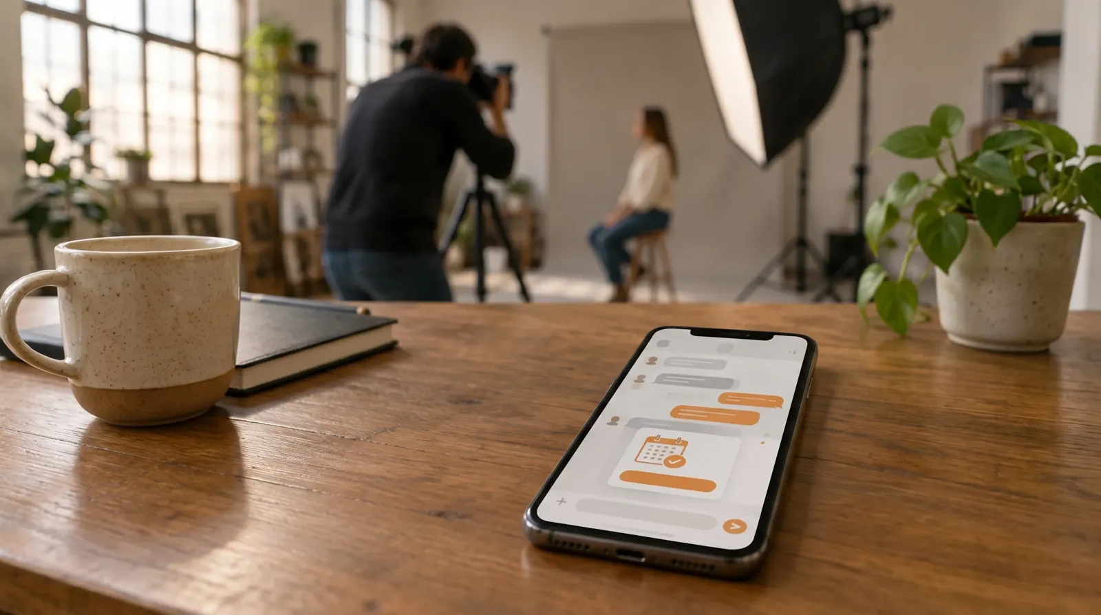 Telemóvel com uma marcação confirmada, numa mesa de estúdio de fotografia
