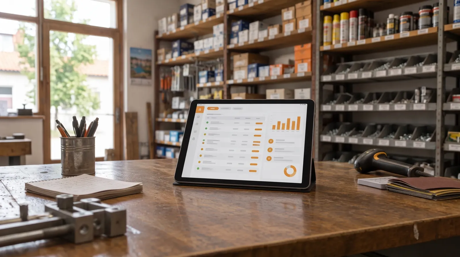 Tablet com painel de encomendas no balcão de uma loja de ferragens