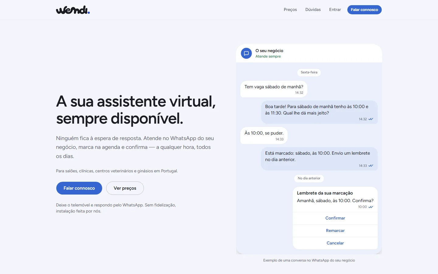 Página inicial da Wemdi, com um exemplo de conversa no WhatsApp a marcar um cliente para sábado às 10:00